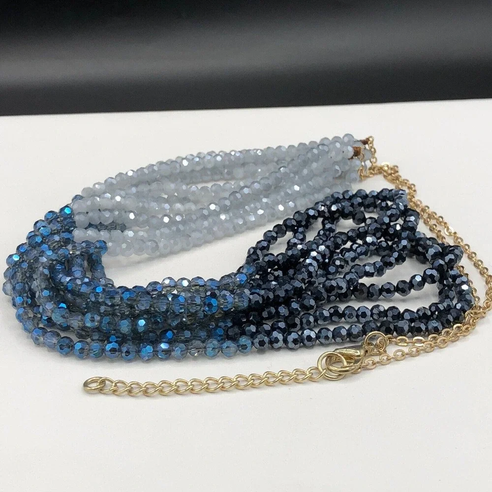 Glass Multi Strand Necklace Long Ombre Blue AB Faceted Bead Boho Gold Tone Chain
